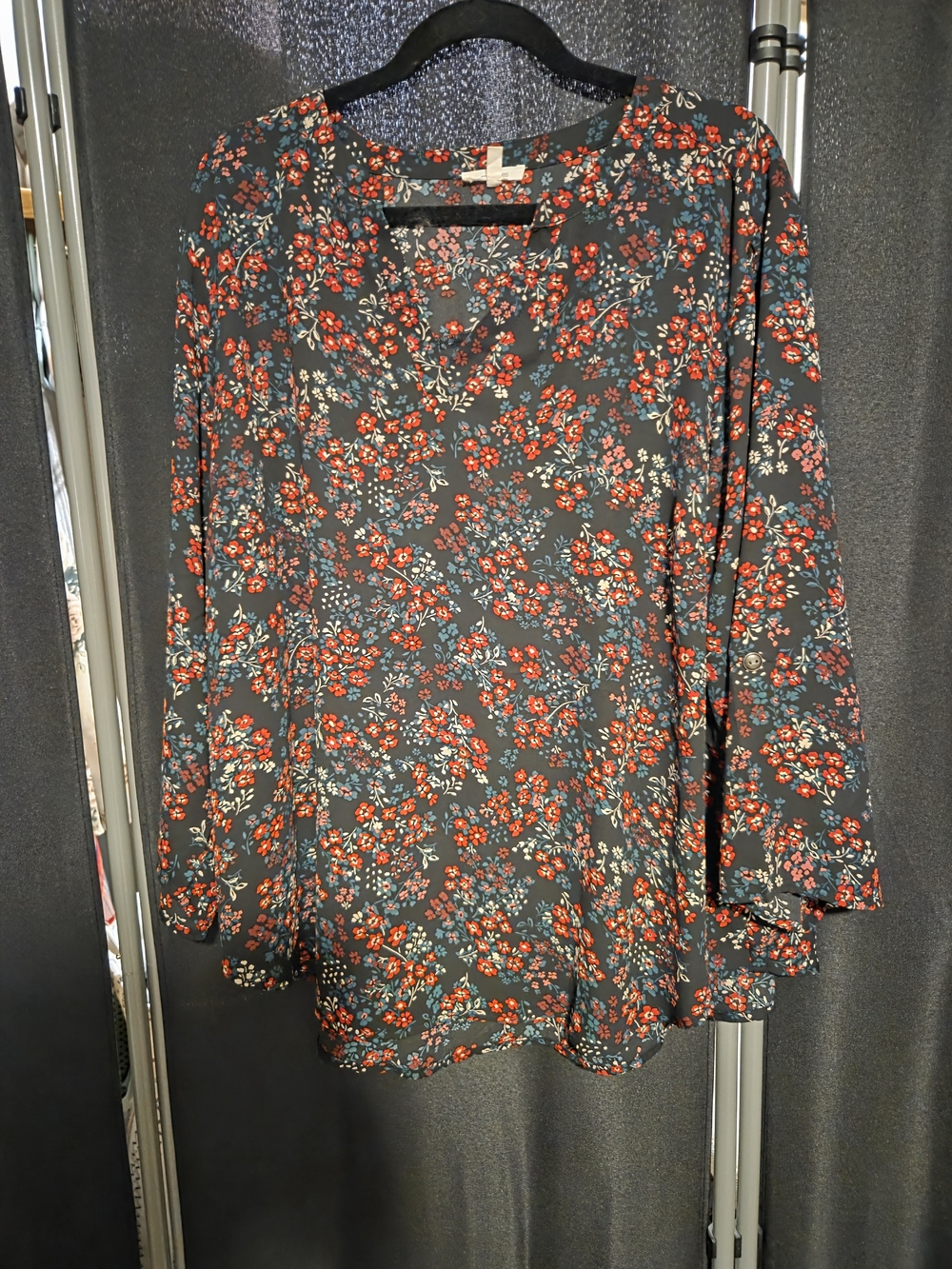 Maurices Black Floral V-Neck Top with Red & Teal Blooms